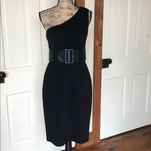 Kay Unger one shoulder black dress with belt 8